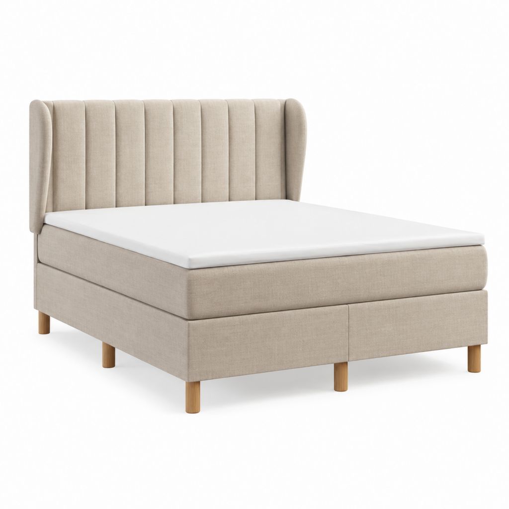 Lit coffre 160 x 200 cm beige en polyester avec tête de lit capitonnée et sommier à lattes