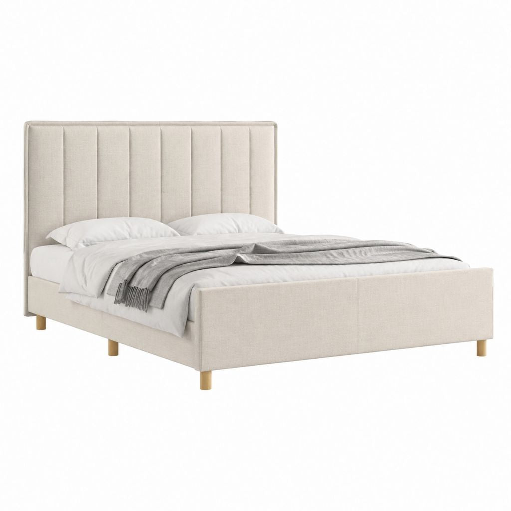 Lit double beige capitonné en polyester avec tête de lit 160 x 200 cm
