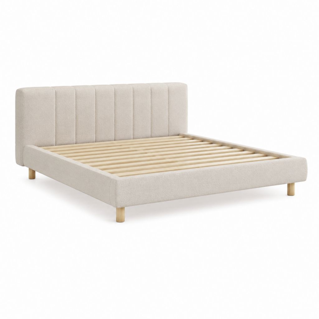 Cadre de lit 160 x 200 cm beige en polyester rectangulaire avec sommier à lattes