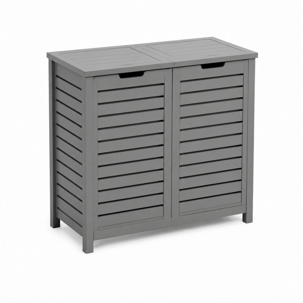 Panier à linge double gris en bambou 100 x 40 x 75 cm avec 2 compartiments basculants