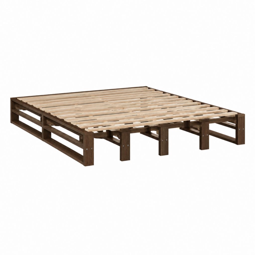 Cadre de lit double 160 x 200 cm marron en bois massif avec sommier à lattes