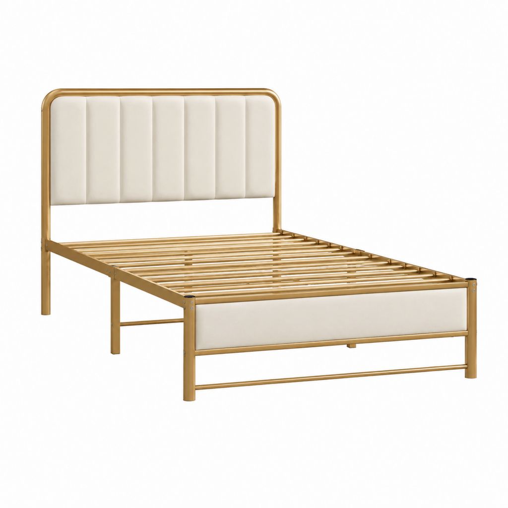 Cadre de lit double 140 x 190 cm doré en acier avec tête de lit capitonnée blanche