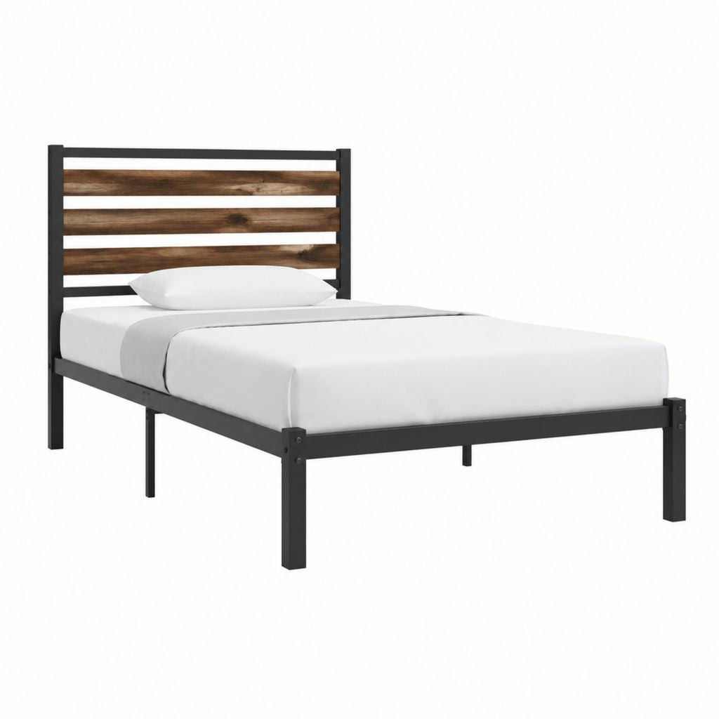 Cadre de lit simple 90 x 190 cm noir et noyer en acier et MDF avec tête de lit à lattes