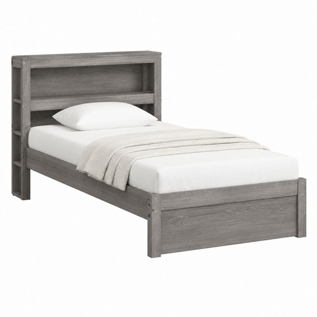 Cadre de lit 1 place gris en panneaux de particules avec tête de lit rangement 90 x 190 cm