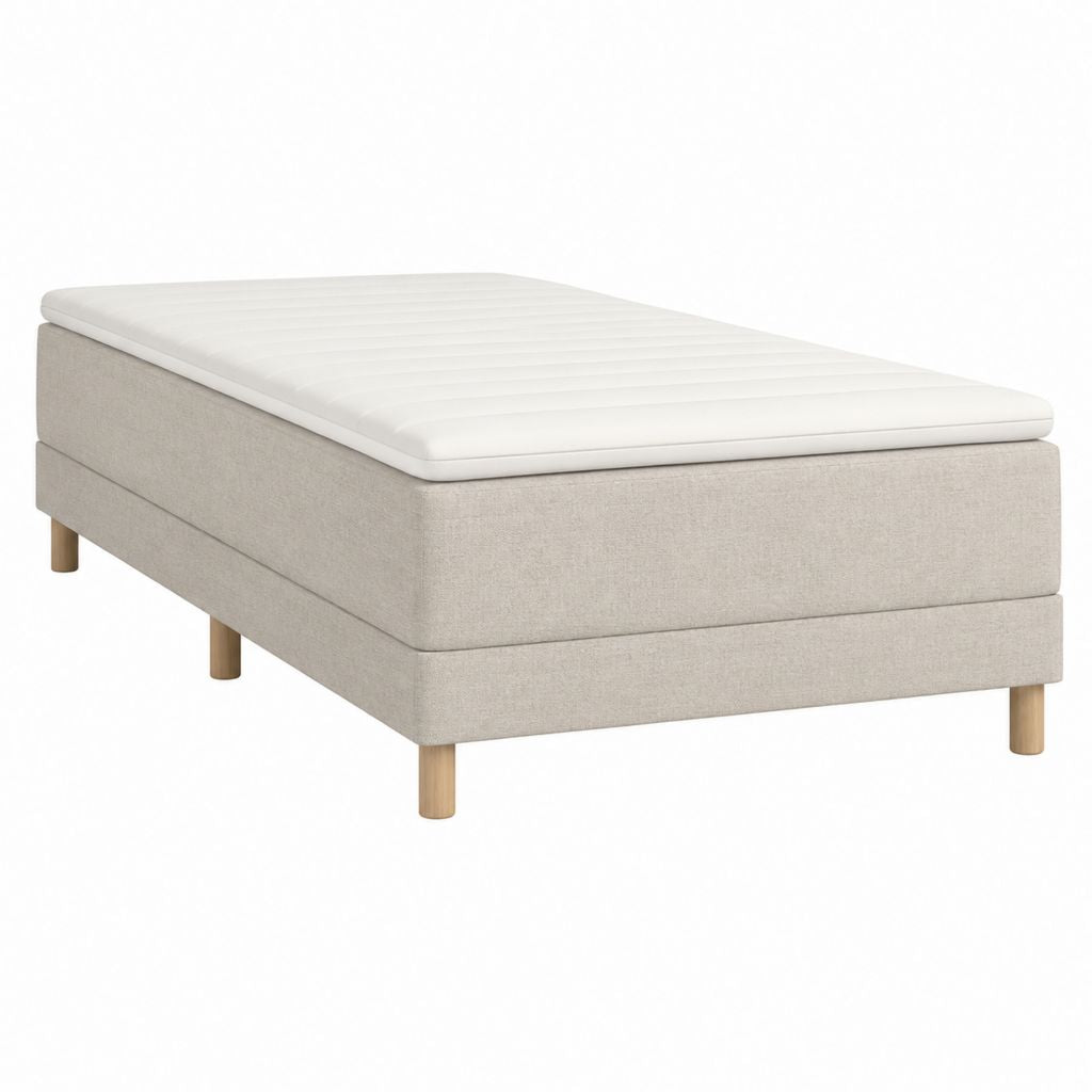 Lit boxspring 90 x 200 cm beige avec surmatelas blanc en polyester et pieds en hêtre massif