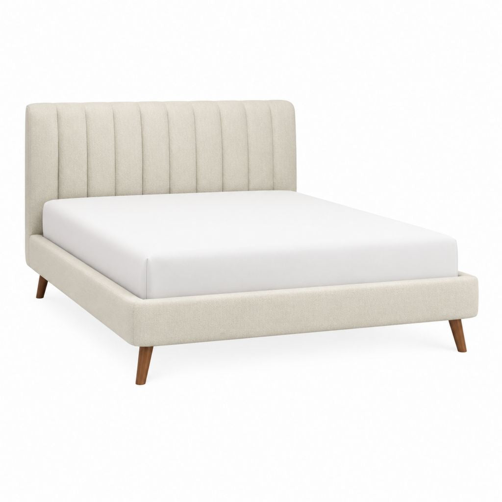 Lit double 160 x 200 cm beige en polyester avec tête de lit capitonnée et pieds en bois massif