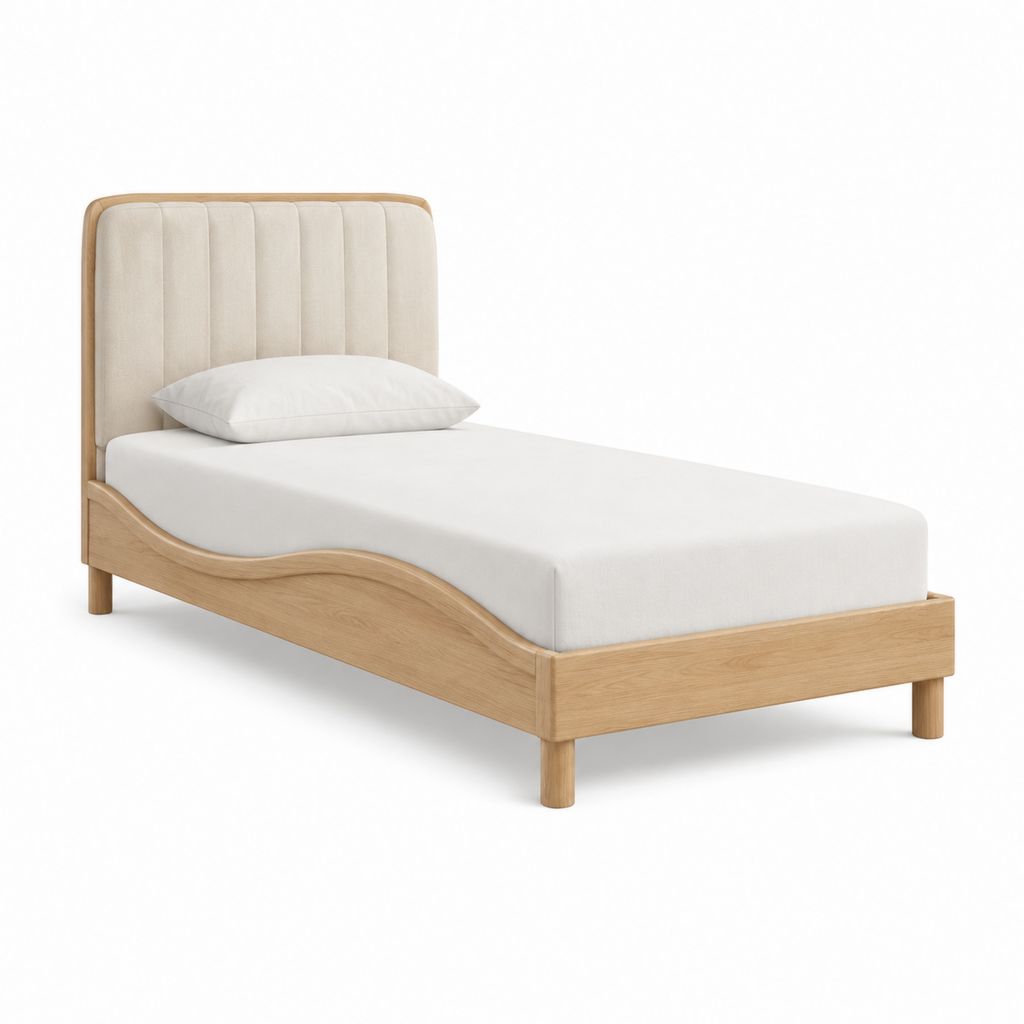 Lit une place avec cadre de lit en chêne naturel tête de lit capitonnée beige 90 x 190 cm