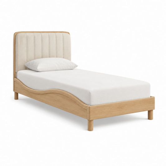 Lit une place avec cadre de lit en chêne naturel tête de lit capitonnée beige 90 x 190 cm