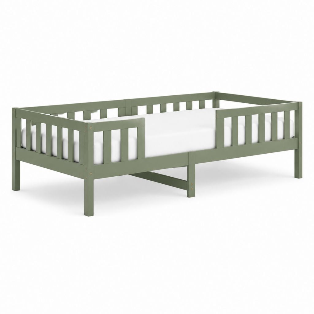 Lit enfant à barrières vert sauge en pin massif 140 x 70 cm