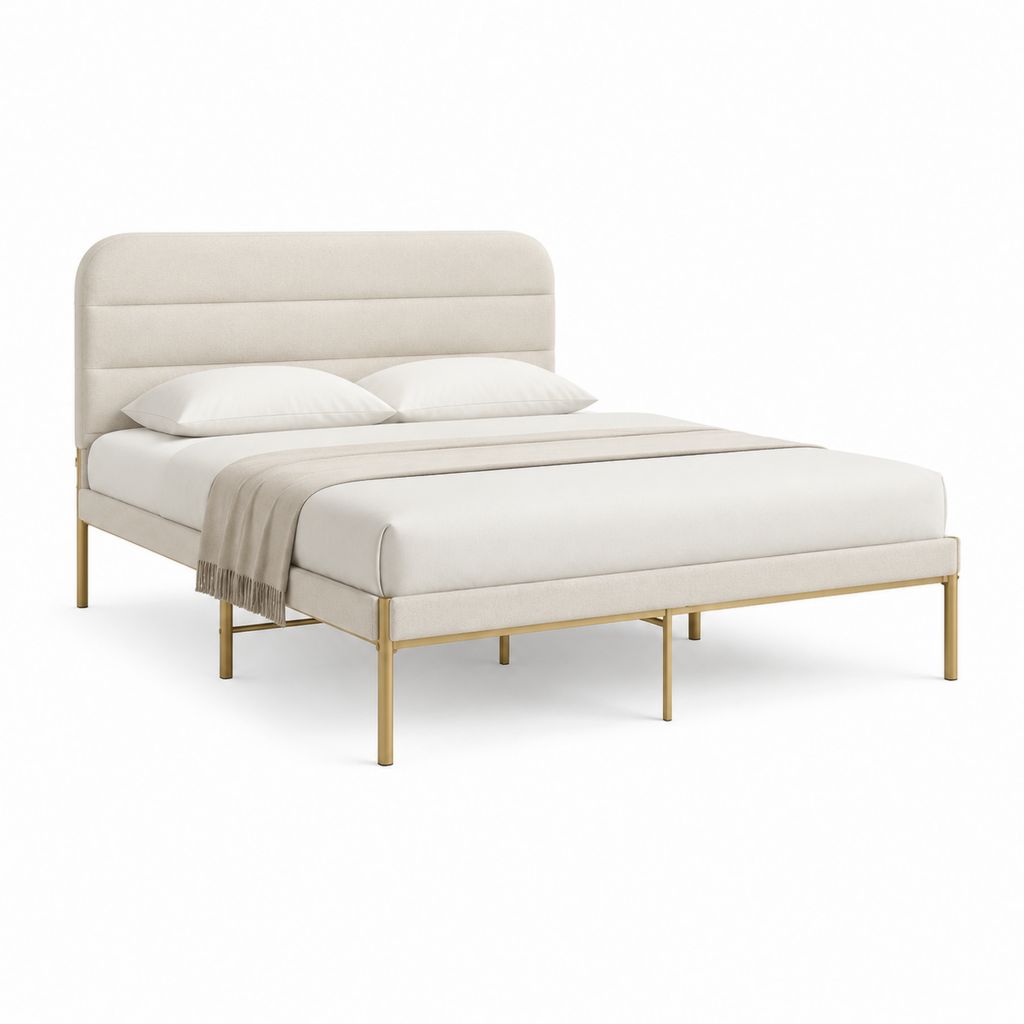 Lit double 160 x 200 cm beige en polyester avec cadre en acier doré