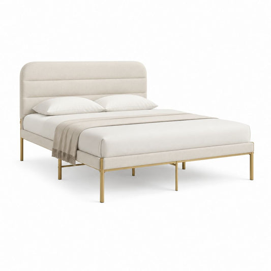 Lit double 160 x 200 cm beige en polyester avec cadre en acier doré