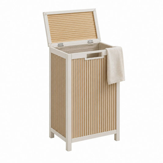 Panier à linge rectangulaire en bambou naturel et MDF blanc 40 x 30 x 60 cm avec couvercle et porte-serviette