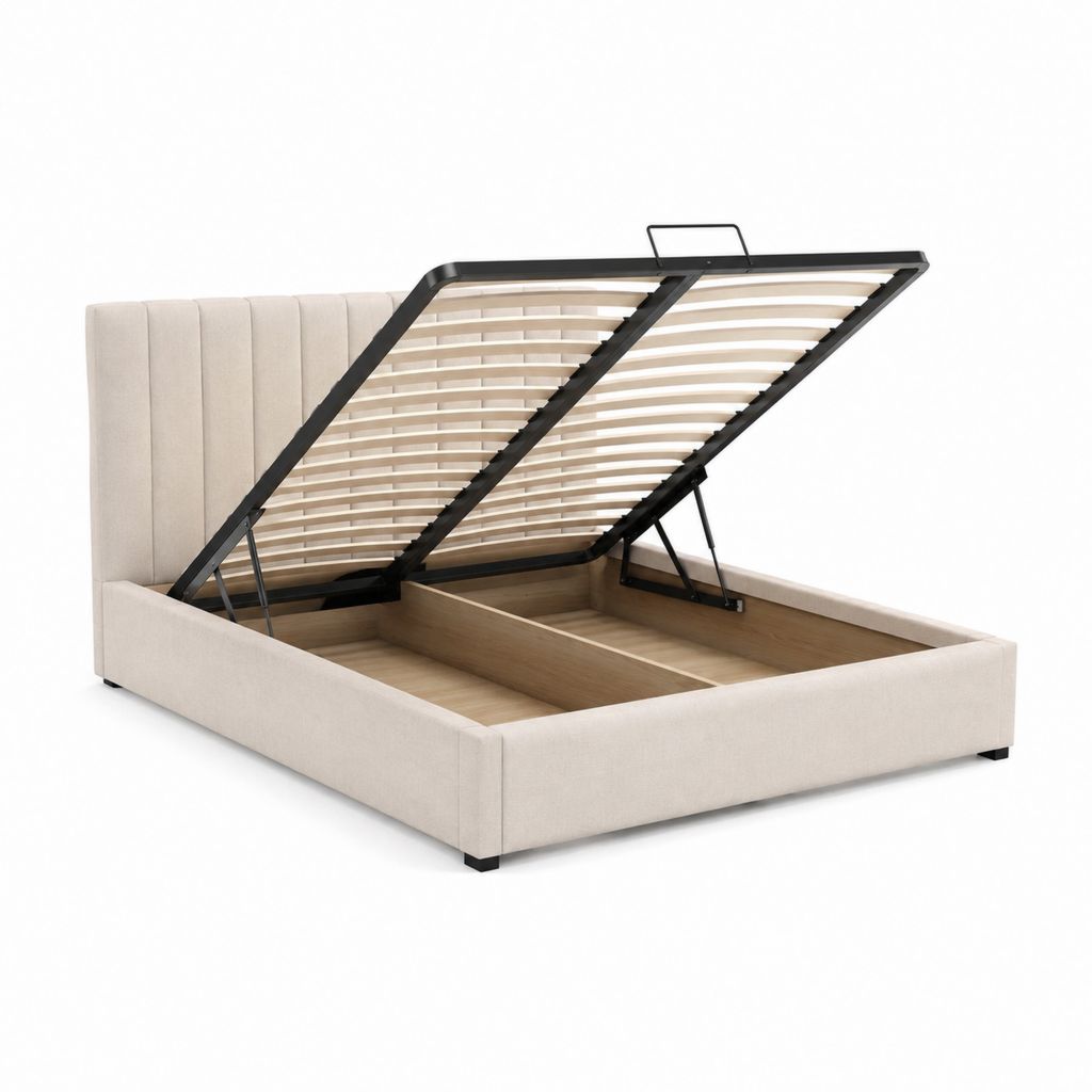 Lit coffre 160 x 200 cm beige en polyester avec tête de lit capitonnée et sommier relevable
