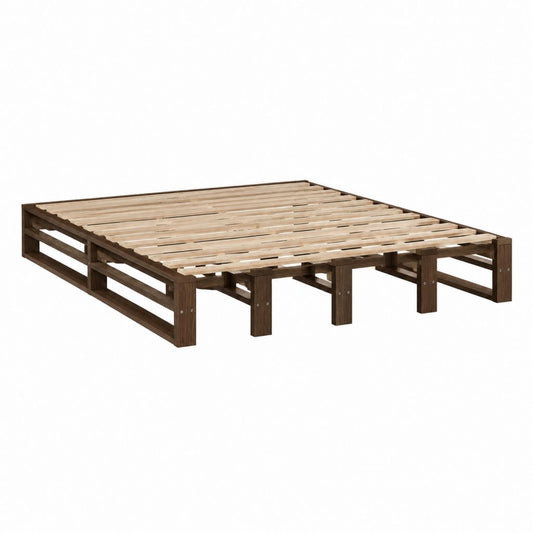 Cadre de lit double 160 x 200 cm marron en bois massif avec sommier à lattes