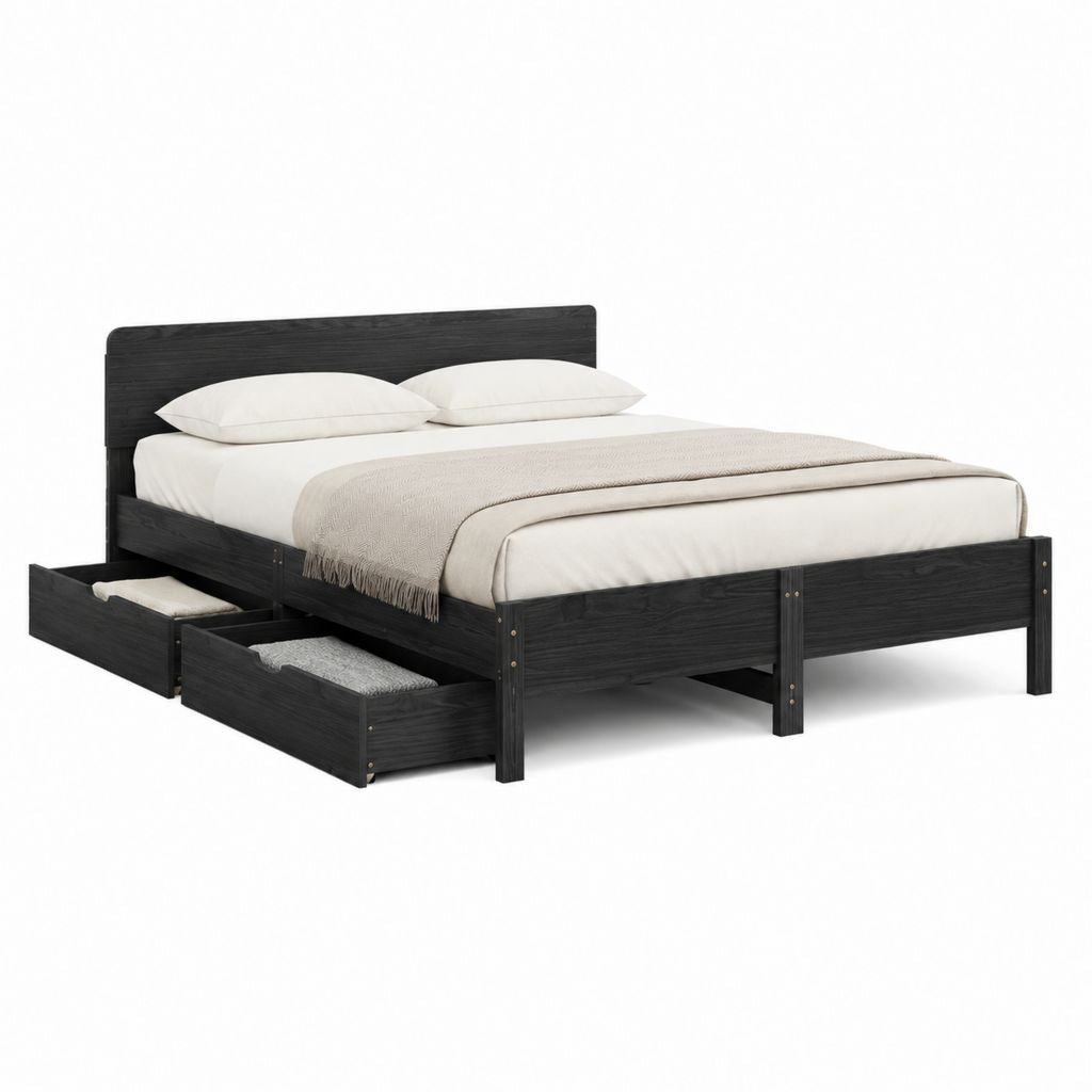 Lit double avec rangement noir en panneaux MDF 160 x 200 cm
