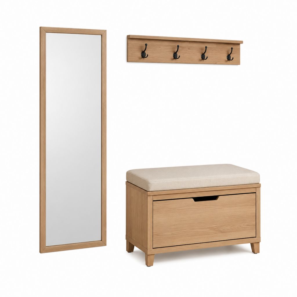 Ensemble meuble d'entrée 3 pièces décor chêne avec miroir en verre banc coffre et porte-manteaux 80 x 35 x 48 cm