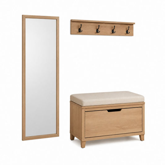 Ensemble meuble d'entrée 3 pièces décor chêne avec miroir en verre banc coffre et porte-manteaux 80 x 35 x 48 cm