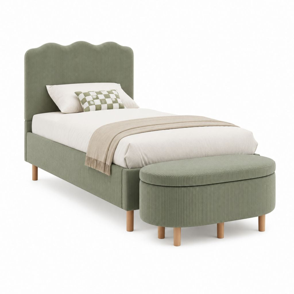 Lit 1 place avec cadre tête de lit et banc vert en velours côtelé polyester 90 x 190 cm