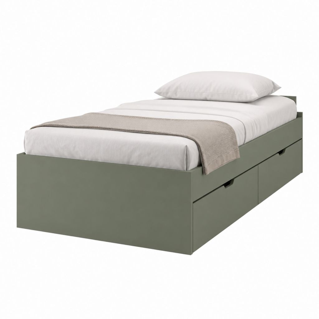 Lit simple avec rangement vert kaki en panneaux MDF 90 x 190 cm