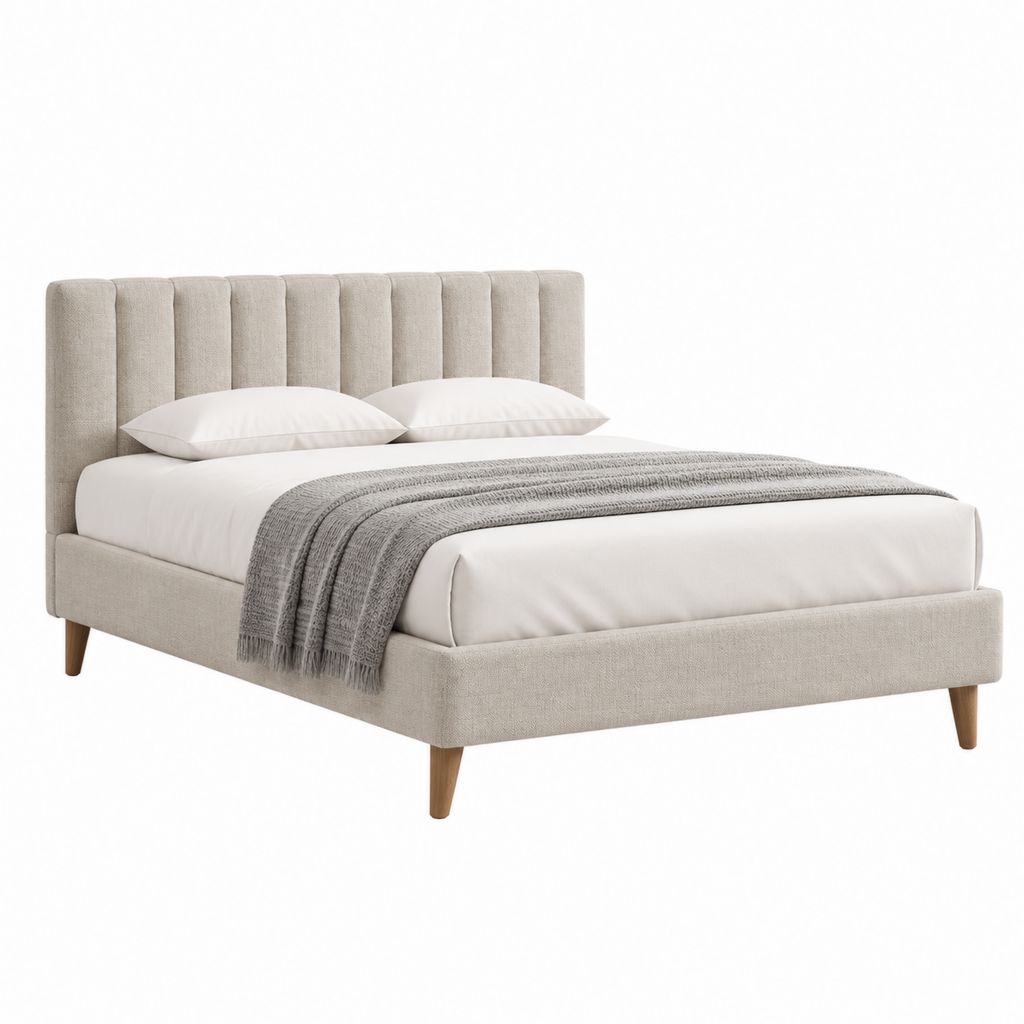 Lit double 160 x 200 cm beige en polyester avec tête de lit capitonnée