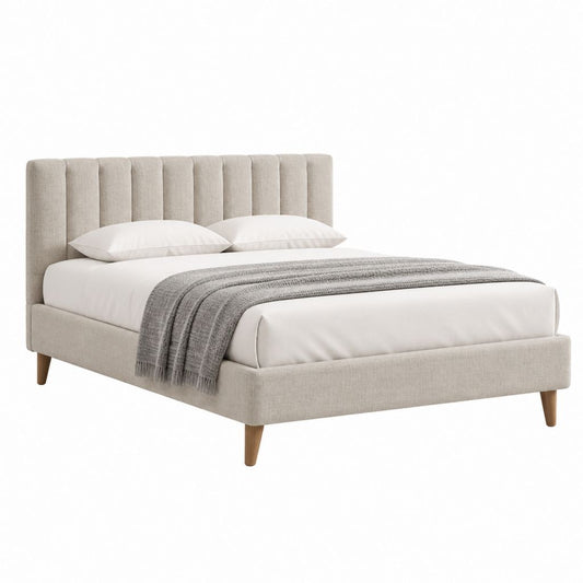 Lit double 160 x 200 cm beige en polyester avec tête de lit capitonnée