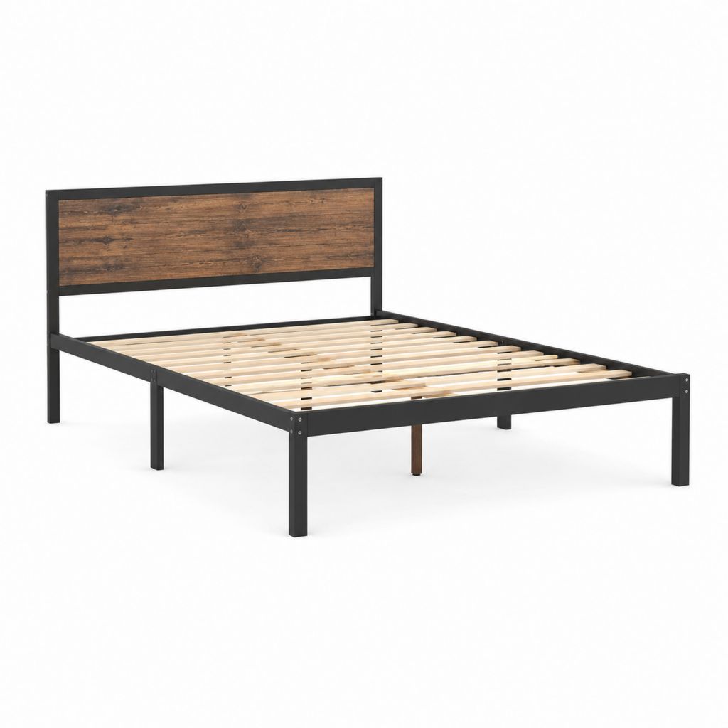 Cadre de lit double 140 x 190 cm noir en acier avec tête de lit effet chêne et sommier à lattes